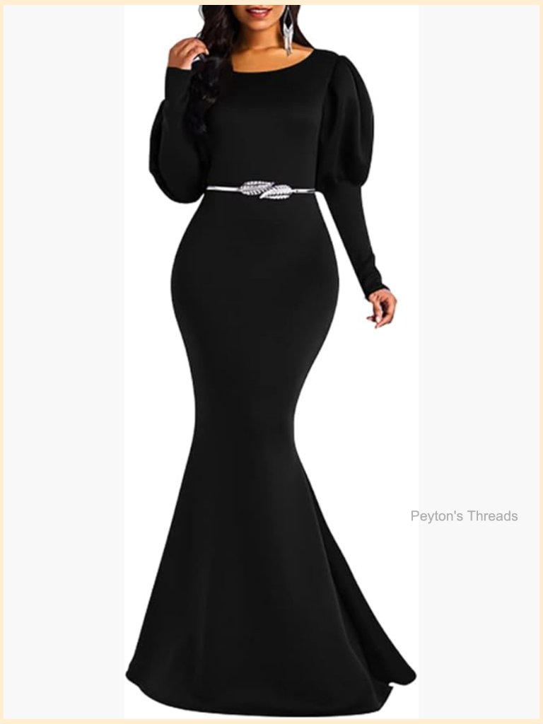Elegant Long Puff Sleeve Mermaid Evening Gown Maxi Dress